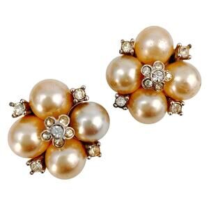 Vintage Signed Marvella Creamy Faux Pearl 50s Mid Century Cluster Clip Earrings